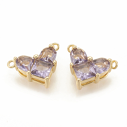 Lilac Brass Cubic Zirconia Charms, Nickel Free, Real 18K Gold Plated, Heart, Lilac, 9.5x12x4.5mm, Hole: 1mm