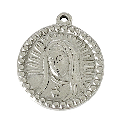 Antique Silver 304 Stainless Steel Pendants, Religion, Flat Round with Virgin Mary, Antique Silver, 24x20x3mm, Hole: 2mm