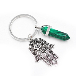Malachite Natural Malachite Pendant Keychains, with Alloy Pendants and Iron Rings, Bullet Shape with Hamsa Hand, 7.2cm
