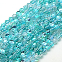 Turquoise Synthetic Moonstone Beads Strands, Dyed, Holographic Beads, Half AB Color Plated, Round, Turquoise, 8mm, Hole: 1mm, about 49pcs/strand, 15 inch