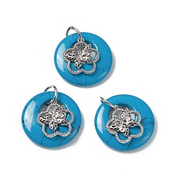 Synthetic Turquoise Synthetic Turquoise Pendants, Flat Round Charms, with Platinum Tone Brass Flower with Butterfly Findings, Cadmium Free & Nickel Free & Lead Free, 30~35x28~32x10~10.5mm, Hole: 2mm