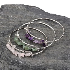 Mixed Stone Silver Color Plated Brass Bangles, with Natural Gemstones, 64mm