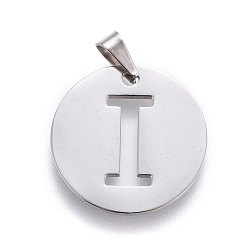 Letter I 201 Stainless Steel Pendants, Flat Round with Letter, Stainless Steel Color, Letter.I, 24.5x19.7x1.3mm, Hole: 4x3mm