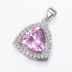 Violet Trendy Brass Micro Pave Cubic Zirconia Pendants, Faceted, Triangle, Platinum, Violet, 23x16x6.5mm, Hole: 5x3.5mm