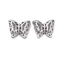 Lilac Eco-friendly Brass Cubic Zirconia Multi-Strand Links, Cadmium Free & Lead Free, Butterfly, Platinum, Lilac, 11x14x5.6mm, Hole: 1.2mm