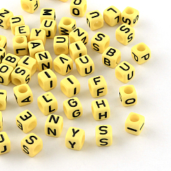 Yellow Letter Style Opaque Acrylic Beads, Horizontal Hole, Cube, Yellow, 6x6x6mm, Hole: 3.5mm, about 2700pcs/500g