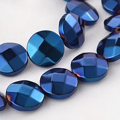 Blue Plated Electroplate Non-magnetic Synthetic Hematite Flat Round Bead Strands, Faceted, Blue Plated, 10x4mm, Hole: 1mm, about 37pcs/strand, 15.35 inch