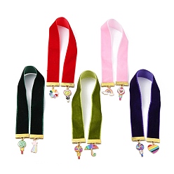 Mixed Color Velvet Ribbon Bookmarks, Alloy Enamel Rainbow Lollipop Charm Bookmarks, Mixed Color, 288~298x19x2.5mm