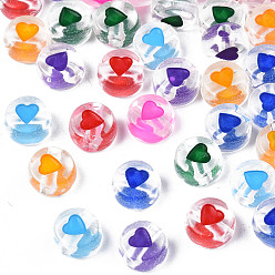 Mixed Color Transparent Acrylic Enamel Beads, Flat Round with Heart, Mixed Color, 7x4mm, Hole: 1.8mm, about 3600~3700pcs/500g