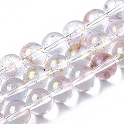 Lavender Blush Transparent Spray Painted Glass Bead Strands, with Golden Foil, Round, Lavender Blush, 8~9mm, Hole: 1.2~1.5mm, about 46~56pcs/Strand, 14.37 inch~16.3 inch(36.5~41.4cm)
