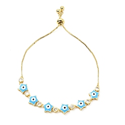 Deep Sky Blue Clear Cubic Zirconia & Enamel Star with Evil Eye Links Slider Bracelet, Gold Plated Brass Jewelry for Women, Lead Free & Cadmium Free, Deep Sky Blue, 10-5/8 inch(27cm)