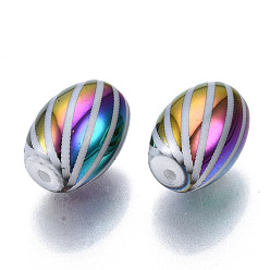 Colorful Electroplate Glass Beads, Barrel with Stripe Pattern, Colorful, 11x8mm, Hole: 1.2mm, about 200pcs/bag