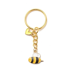 Golden Alloy & Brass Enamel Keychains, with 304 Stainless Steel & Iron Findings, Bees & Heart, Golden, 6.4cm