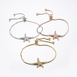 Couleur Mélangete Bracelets réglables en laiton à micro-pavé de zircons cubiques, bracelets de slider, avec des chaînes de boîte en laiton, étoile de mer / étoiles de mer, couleur mixte, 10-1/4 pouces (260 mm)
