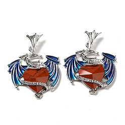 Red Jasper Natural Red Jasper Pendants, Faceted Heart Charms, with Rack Plating Platinum Plated Brass Enamel Dragon, 37mm, Pendant: 30.5x28.5x6.5mm, Hole: 3x3.5mm