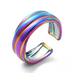 Rainbow Color Ion Plating(IP) 304 Stainless Steel Grooved Open Cuff Ring for Women, Rainbow Color, US Size 6 3/4(17.1mm)