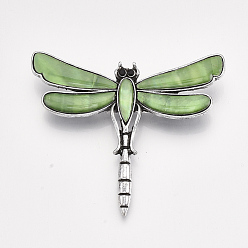 Dark Sea Green Freshwater Shell Brooches/Pendants, with Alloy Findings and Resin Bottom, Rhinestone, Dyed, Dragonfly, Antique Silver, Dark Sea Green, 53x62x10mm, Hole: 5x4mm, Pin: 0.7mm
