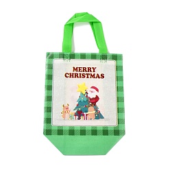 Santa Claus Ламинированные нетканые водонепроницаемые сумки на рождественскую тематику, Многоразовые сумки для покупок для тяжелых условий хранения, прямоугольник с ручками, желто-зеленые, Рождественский тематический паттерн, 11x22x23 см