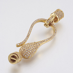 Golden Brass Micro Pave Cubic Zirconia Fold Over Clasps, Lead Free & Cadmium Free, Hook, Clear, Golden, 49mm, Hole: 2.5x1mm, Clasp: 13x7x6mm, Hook: 40.5x14.5x6mm
