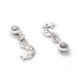 Antique Silver Alloy European Dangle Charms, Moon, Antique Silver, 31mm, Hole: 5mm