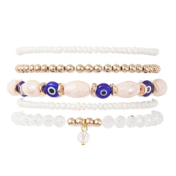 Clear 5Pcs 5 Style Glass & Lampwork Evil Eye Stretch Bracelets Set, Stackable Bracelet with Round Charms, Clear, Inner Diameter: 2-3/8 inch(5.9cm), 1Pc/style