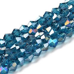 Steel Blue Transparent Electroplate Glass Beads Strands, AB Color Plated, Faceted, Bicone, Steel Blue, 4x4mm, Hole: 0.8mm, about 87~98pcs/strand, 12.76~14.61 inch(32.4~37.1cm)