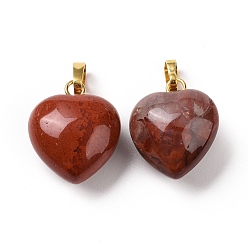 Jaspe Rouge Pendentifs naturels de jaspe rouge, avec les accessoires en laiton de tonalité d'or, charme coeur, 18x15~15.5x6~8mm, Trou: 6x3mm