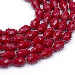 Rouge Foncé Brins de perles en forme de larme à facettes en verre opaque, rouge foncé, 11x7.5~8mm, Trou: 1.5mm, Environ 56~58 pcs/chapelet, 25 pouce