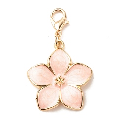 Pink Alloy Enamel Flower Pendant Decorations, Lobster Clasp Charms, for Keychain, Purse, Backpack Ornament, Pink, 42mm