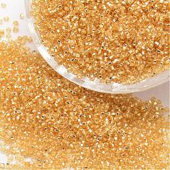 Verge D'or 6/0 rondes perles de rocaille de verre, argent bordée trou carré, couleurs transparentes, verge d'or, 3.6~4.0mm, trou: 1.2 mm, environ 5000 pièces / livre