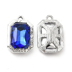 Azul Colgantes de cristal de aleación, colgante de rectángulo octágono de diamantes de imitación de cristal, Platino, azul, 21x14x6 mm, agujero: 1.8 mm