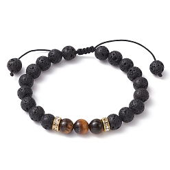 Golden Natural Lava Rock & Tiger Eye Braided Bead Bracelets, Adjustable Bracelet with Brass Rhinestone Beaded, Golden, Inner Diameter: 2-1/8~3 inch(5.4~7.5cm)