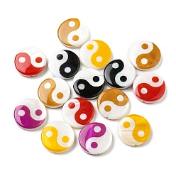 Mixed Color Printed Natural Freshwater Shell Beads, Yin Yang Flat Round Beads, Mixed Color, 15x3~3.5mm, Hole: 0.7mm