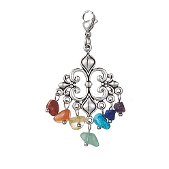 Rhombus Tibetan Style Alloy Pendant Decorations, 7 Chakra Gemstone Chips and Lobster Claw Clasps Charm, Rhombus, 58mm