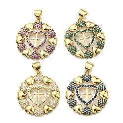 Real 18K Gold Plated Rack Plating Brass Cubic Zirconia Pendants, Lead Free & Cadmium Free, Long-Lasting, Flat Round, Real 18K Gold Plated, 24x22x3mm, Hole: 5.5x3.5mm