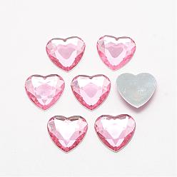 Pink Cabujones de acrílico rhinestone espalda plana, facetados, plata inferior plateado, corazón, rosa, 25x25x4.5~4.8 mm