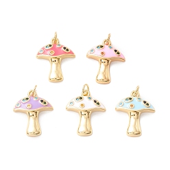 Mixed Color Autumn Theme Rack Plating Brass Micro Pave Colorful Cubic Zirconia Pendants, with Enamel, Cadmium Free & Nickel Free & Lead Free, Real 18K Gold Plated, Mushroom, Mixed Color, 16.5x14x3.5mm, Hole: 2.8mm