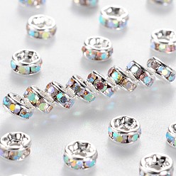 Crystal AB Brass Grade A Rhinestone Spacer Beads, Silver Color Plated, Nickel Free, Crystal AB, 8x3.8mm, Hole: 1.5mm