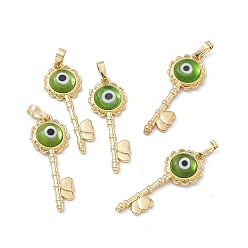 Yellow Green Handmade Evil Eye Lampwork Pendants, with Rack Plating Real 18K Gold Plated Brass Findings, Long-Lasting Plated, Flower Key with Heart, Yellow Green, 33x12x3.5mm, Hole: 4x7mm