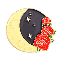 Rouge Broches en alliage thème printemps, épinglette lune et fleur en émail, pour les vêtements de sac à dos, or, rouge, 29x31mm