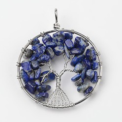 Lapis Lazuli Tree of Life Natural Lapis Lazuli Big Pendants, with Brass Findings, Platinum, 63~65x49~51x8~10mm, Hole: 8~10mm