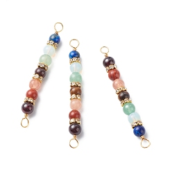 Light Gold 7 Chakra Mixed Gemstone Copper Wire Wrapped Connector Charms, Gems Crystal Rhinestone Round Link, Light Gold, 61.5x6.5mm, Hole: 3.5mm
