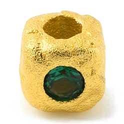 Emerald Brass Spacer Beads, with Rhinestone, Square, Matte Gold Color, Emerald, 4x4.5x4.5mm, Hole: 1.8mm