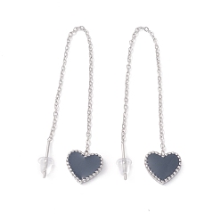 Black Long Chain with Enamel Heart Dangle Stud Earrings, 304 Stainless Steel Ear Thread for Women, Stainless Steel Color, Black, 101mm, Pin: 1mm