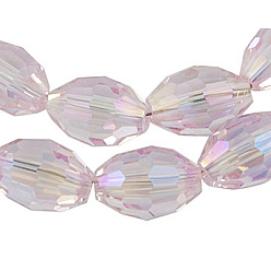 Pink Electroplate Glass Beads Strands, AB Color Plated, Faceted Oval, Pink, bead: 8mm long, 6mm thick, hole: 1.5mm, about 72pcs/strand