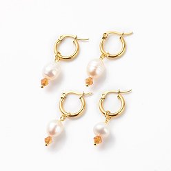 Golden Natural Pearl & Glass Beaded Dangle Hoop Earrings, 304 Stainless Steel Jewelry for Women, Golden, 32~35mm, Pin: 0.6mm