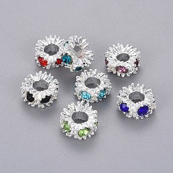 Mixed Color Alloy Rhinestone European Beads, Large Hole Beads, Lead Free and Cadmium Free, Rondelle, Silver Color Plated, Mixed Color, 13.5x6.5mm, Hole: 5mm