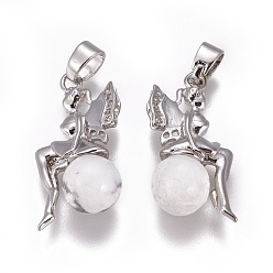 Howlite Natural Howlite Pendants, with Platinum Tone Brass Findings, Fairy, 25~26x12~13x8mm, Hole: 3.5x5.5mm