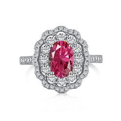 Cerise 925 Sterling Silver Birthstone Rings, Cubic Zirconia Flower Finger Ring, Cerise, 2.2mm, US Size 7(17.3mm)
