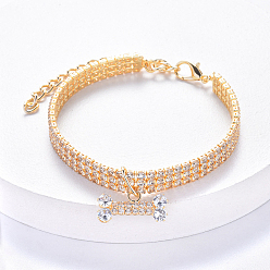Golden Adjustable 3-Row Brass Crystal Rhinestone Cup Chain Pet Collars, Slider Dog Bone Pendant Cat Dog Choker Necklace, Golden, 245~345mm